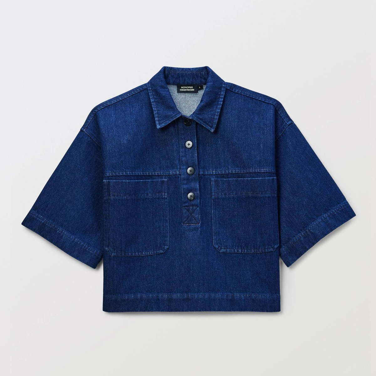 Top col chemise en jean en coton BIO GOTS brut denim, MONOPRIX