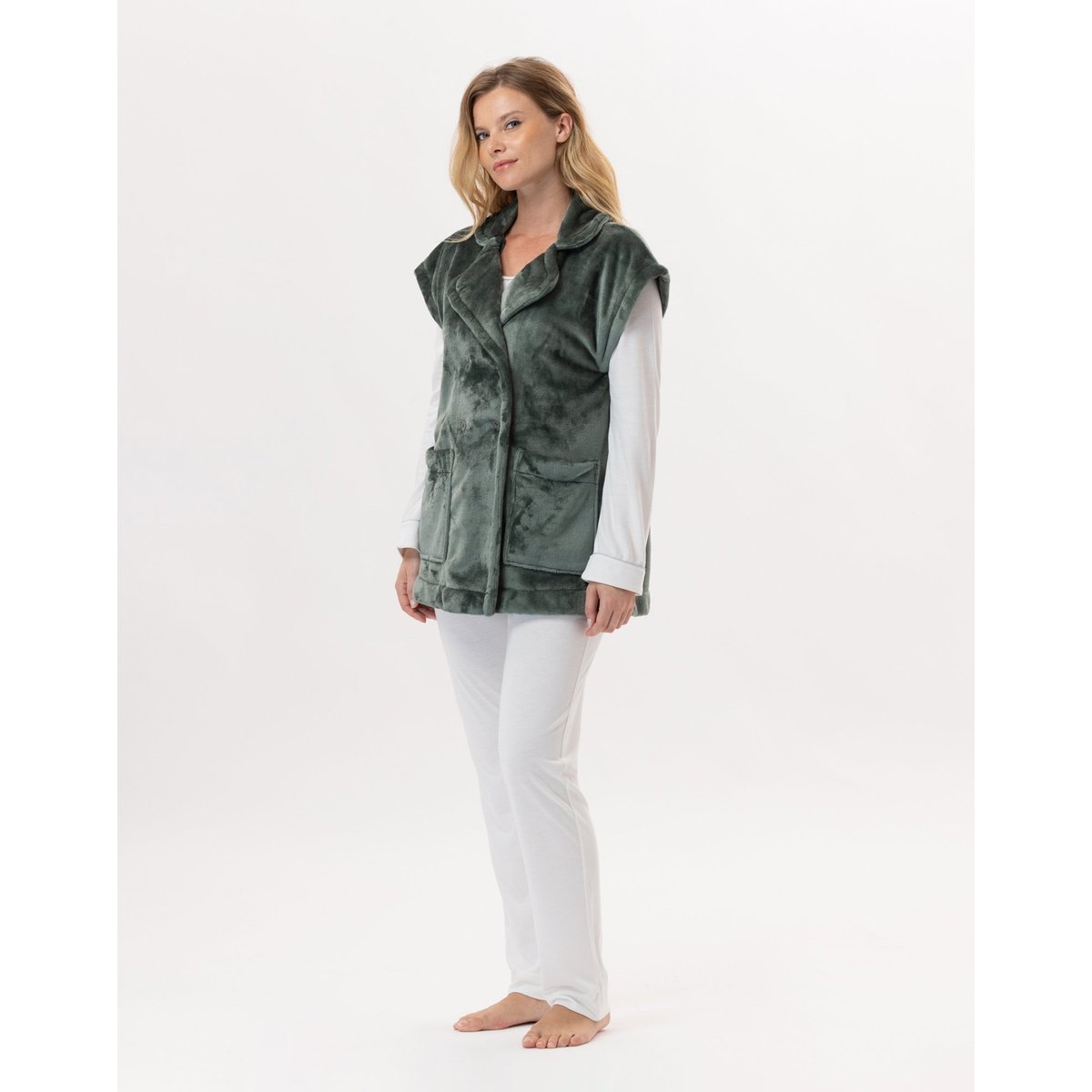 Veste manches courtes boutonnée en peluche flanelle ESSENTIEL H76A vert, LE CHAT