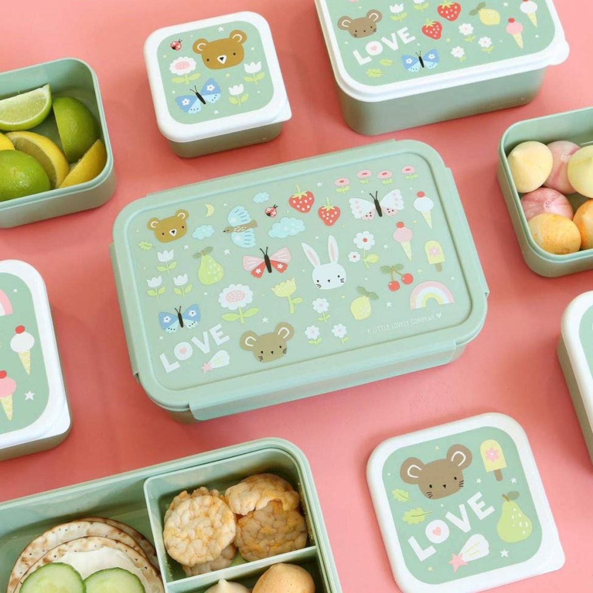 Lunch box Joie vert d'eau, rose, jaune, A LITTLE LOVELY COMPANY