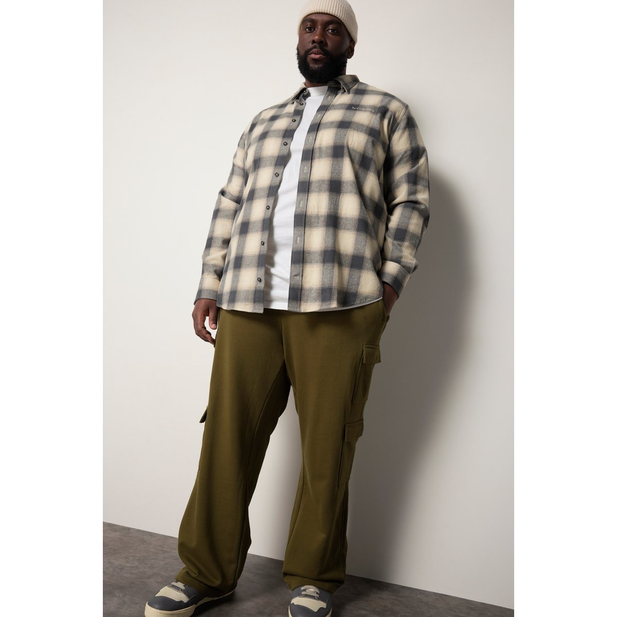 Chemise à carreaux en flanelle beige, STHUGE