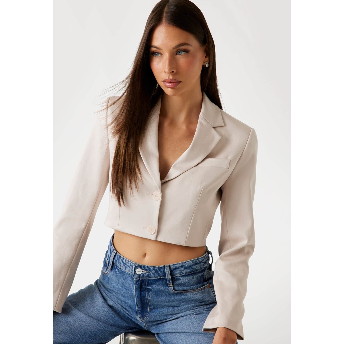 Blazer Ajusté Court Sergé crème, GUESS
