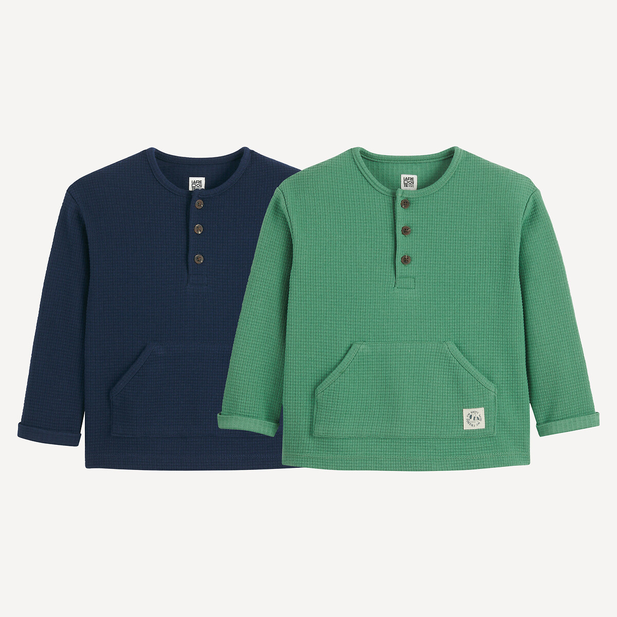 Lot de 2 T-shirts manches longues, nid d'abeille vert + bleu marine, LA REDOUTE COLLECTIONS