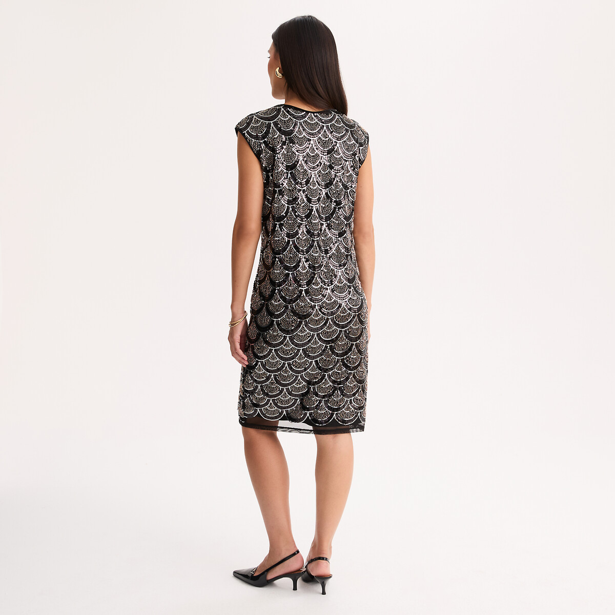 Vestido direito, sem mangas, com lantejoulas, até ao joelho preto/dourado, ANNE WEYBURN