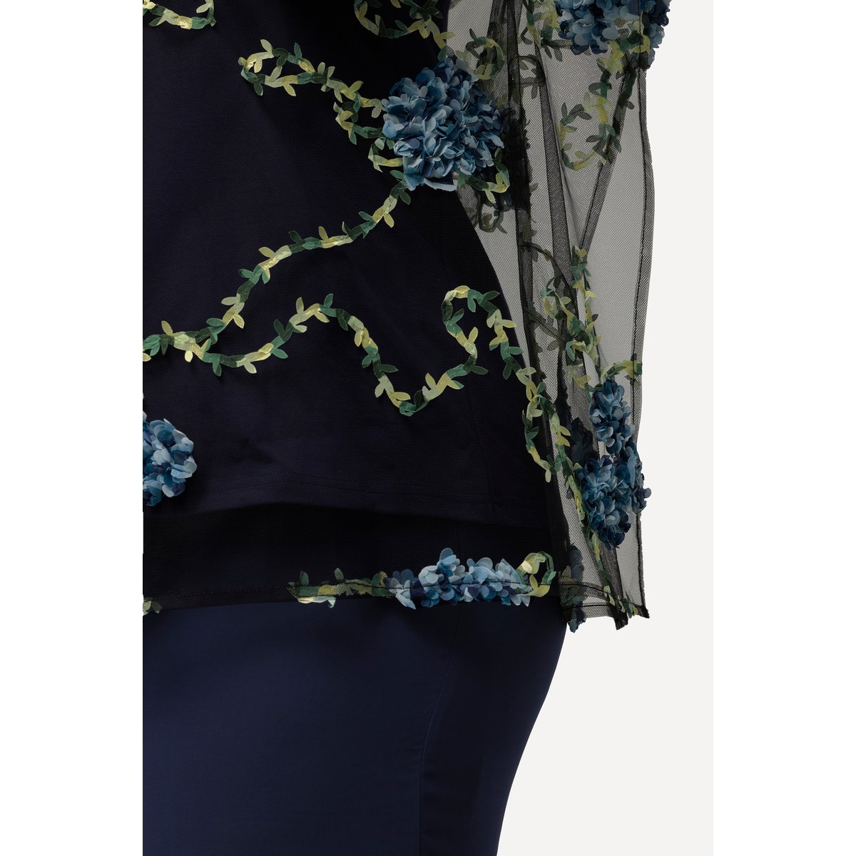 Blouse, broderie florale, doublée, col rond bleu nuit, ULLA POPKEN