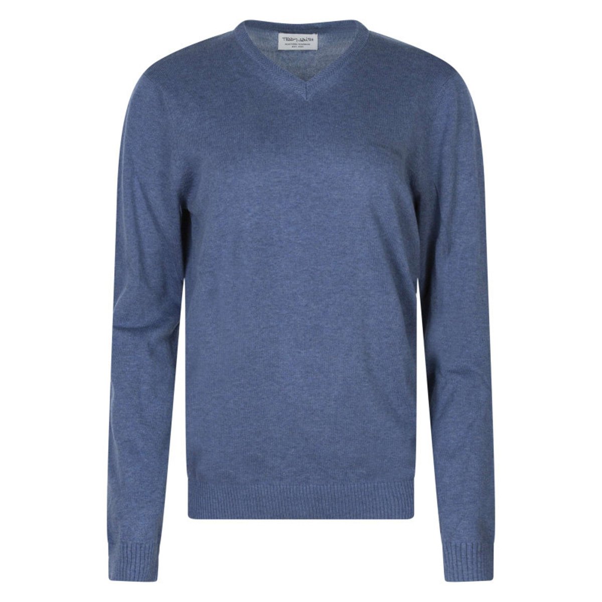 Pull en coton kaki uni à col v avec le nom de la marque en petit bleu, TEDDY SMITH