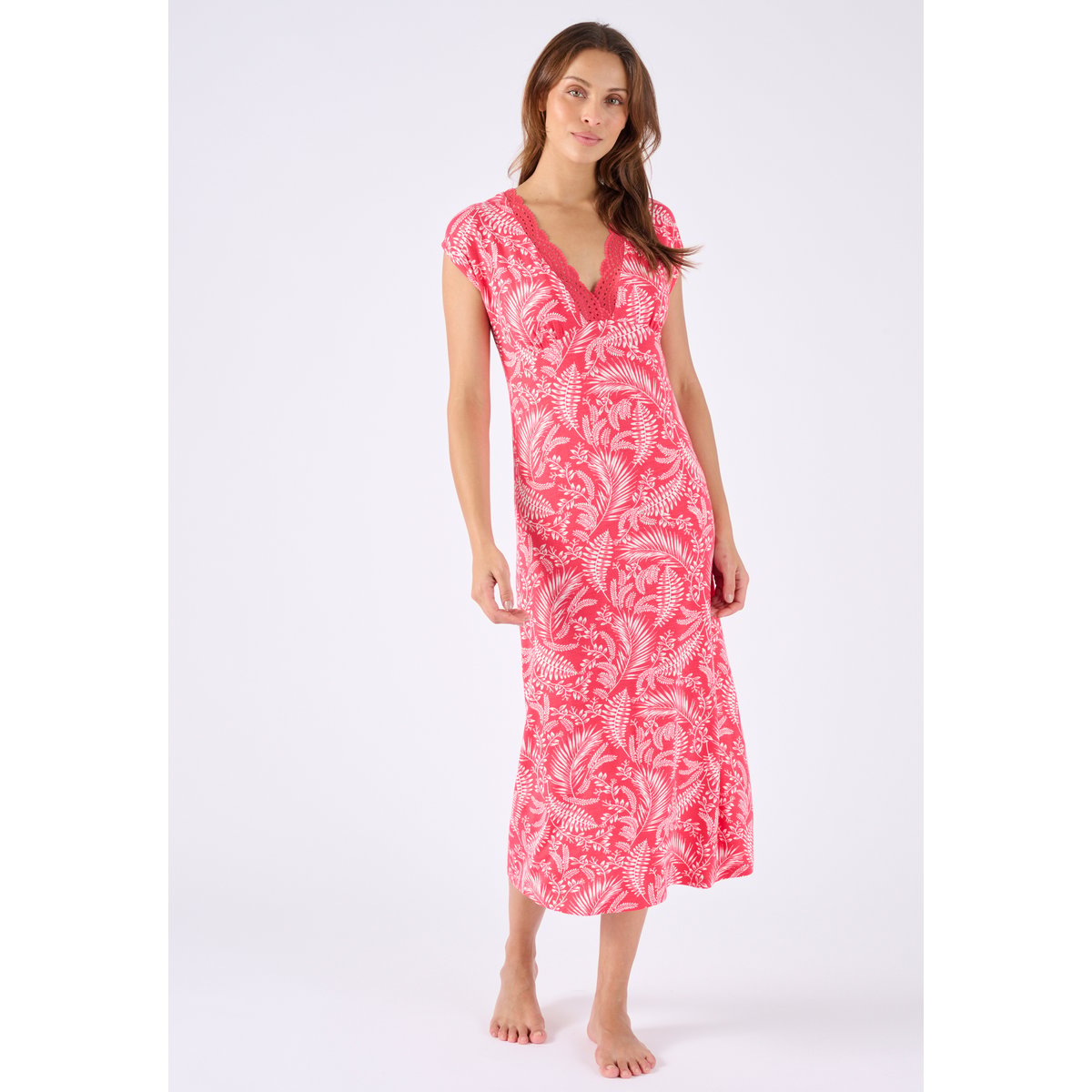 Chemise de nuit col dentelle rose feuillage, DAMART