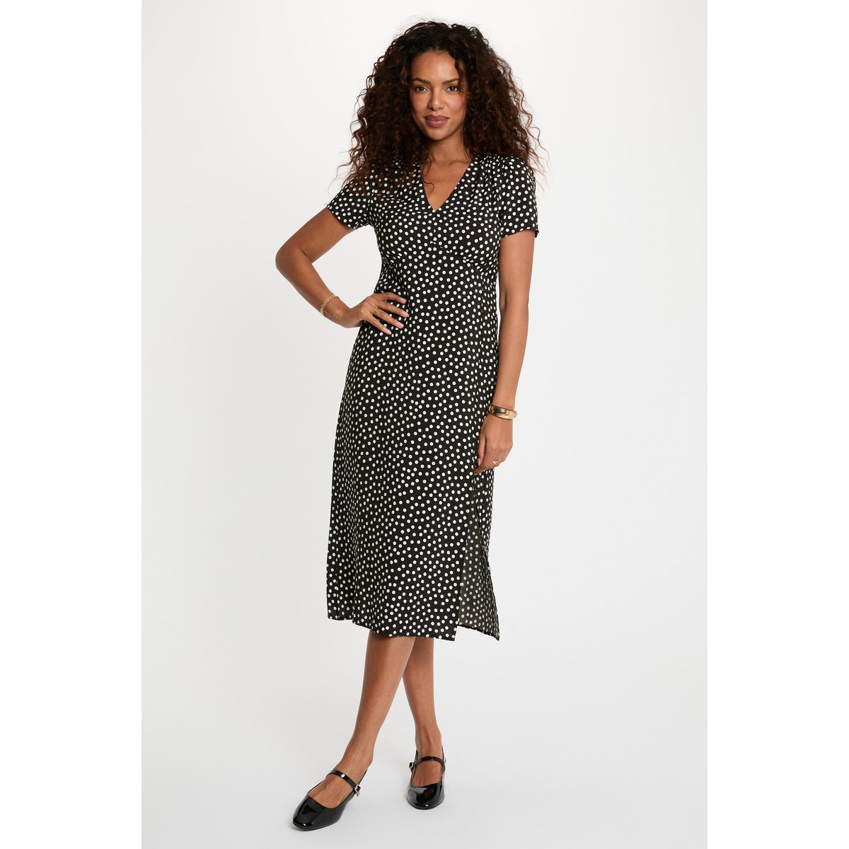 Robe longue manches courtes col v noir, MORGAN