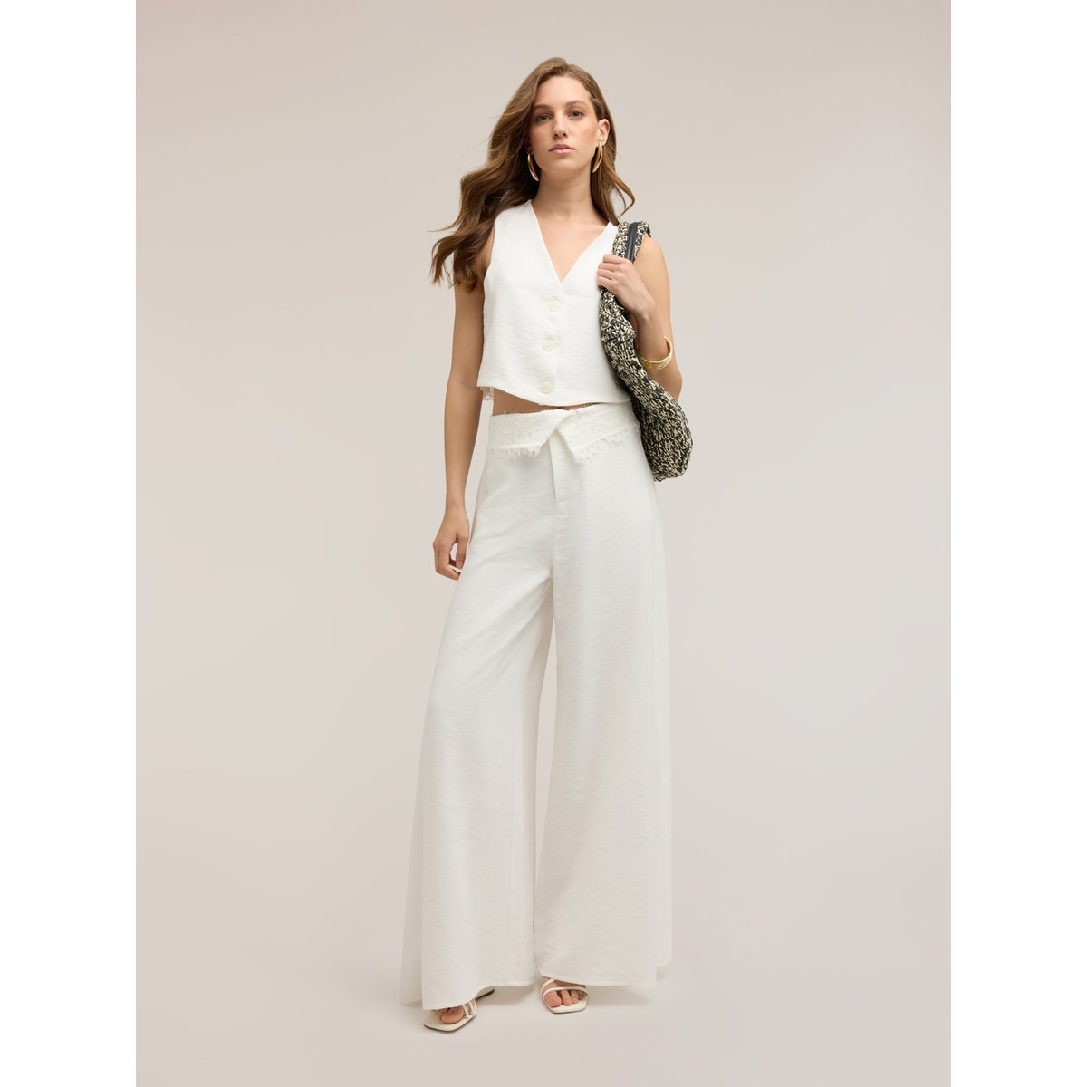 Pantalon palazzo avec détail en dentelle blanc, MOTIVI