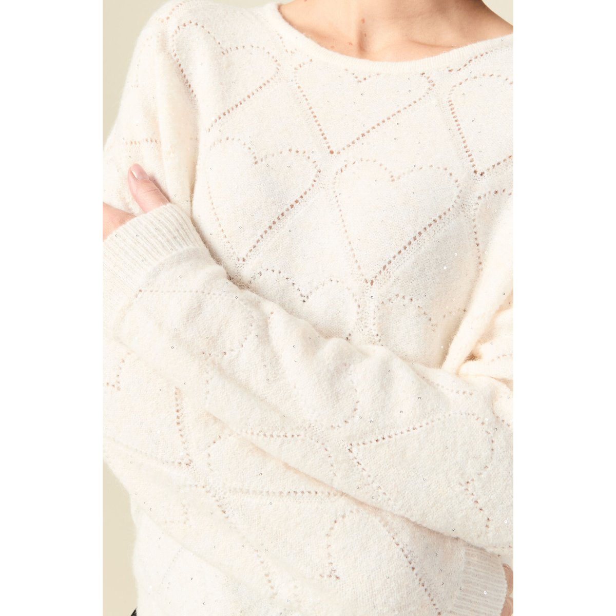 Pull manches longues col v brillant ecru, BONOBO