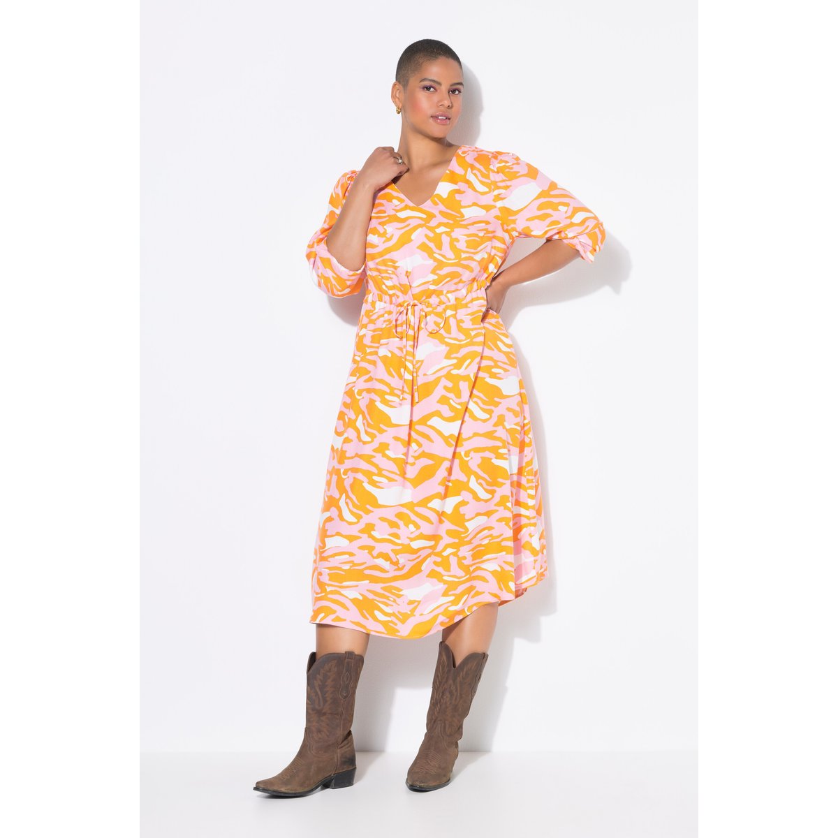 Robe midi manches 3/4, imprimé zébré coloré citrouille, STUDIO UNTOLD