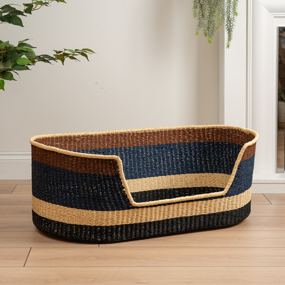 Navy and Brown Stripe Woven Pet Bed with Cushion Large navy, SO'HOME