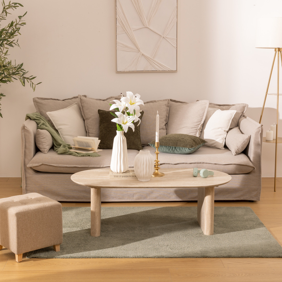 Table basse ovale effet travertin ANAYA beige, ATMOSPHERA