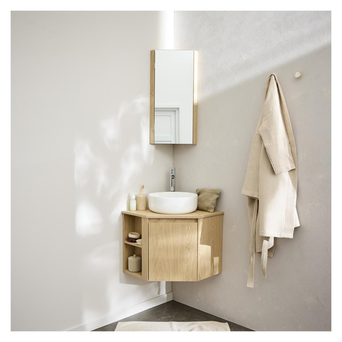 Meuble sous vasque d'angle avec vasque, robinet et armoire SORRENTO décor chêne, MOB IN