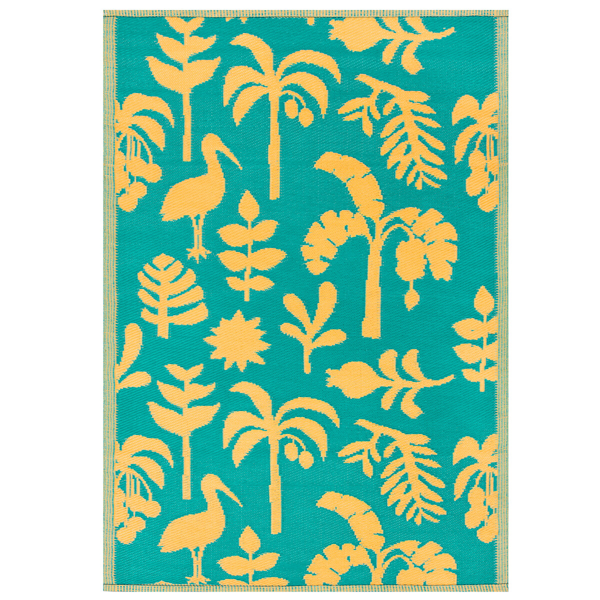 Bright Tropical Woven 100% Recycled Indoor/Outdoor Rug yellow/teal, FURN.
