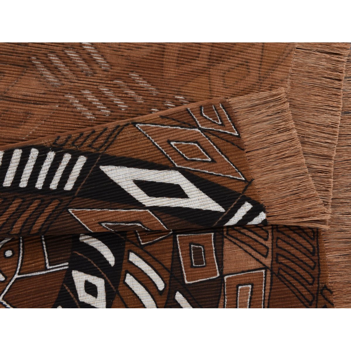 Tapis salon Bogolan fait main, plat, franges marron, THEKO