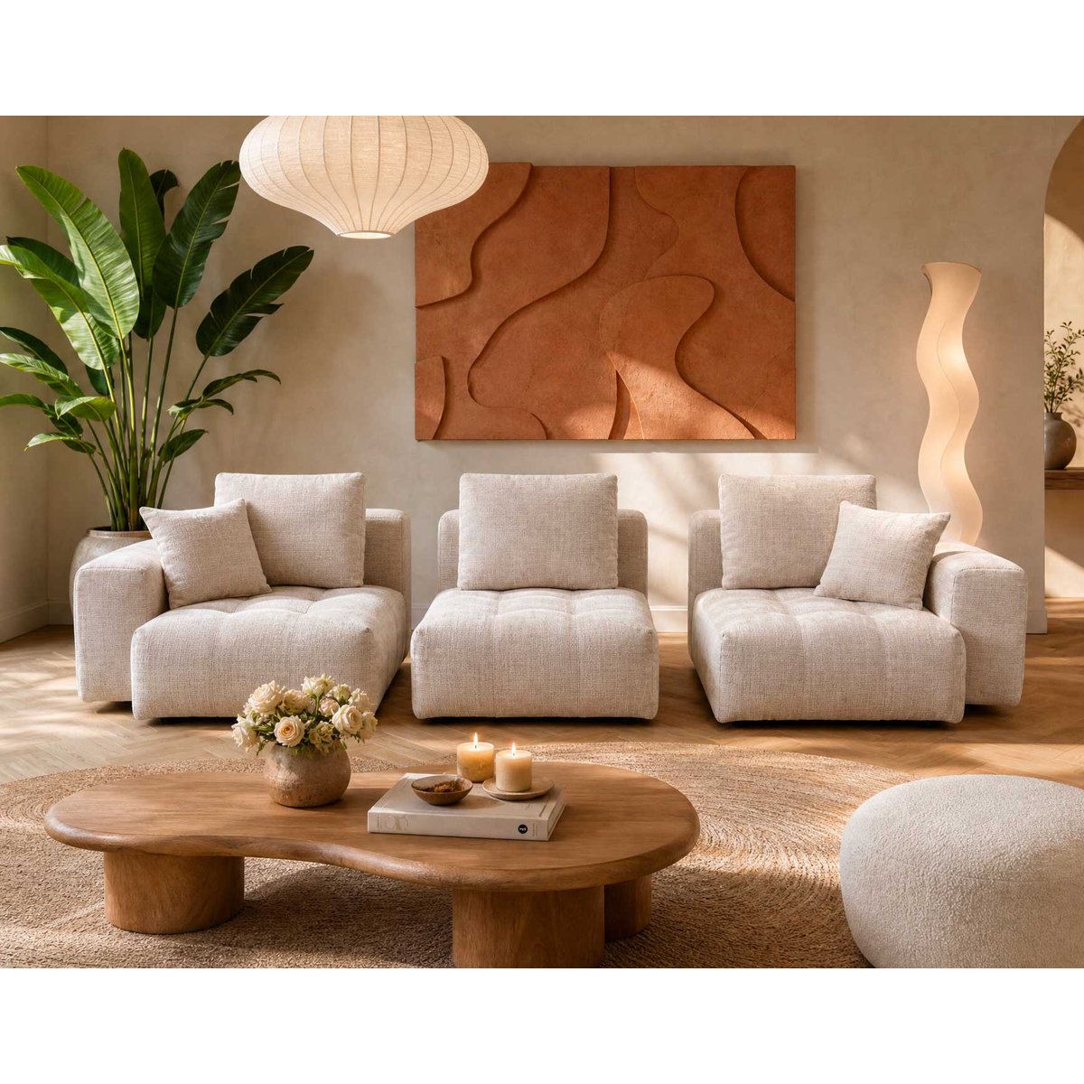 Canapé modulable en velours texturé, COLETTE beige, BEST MOBILIER