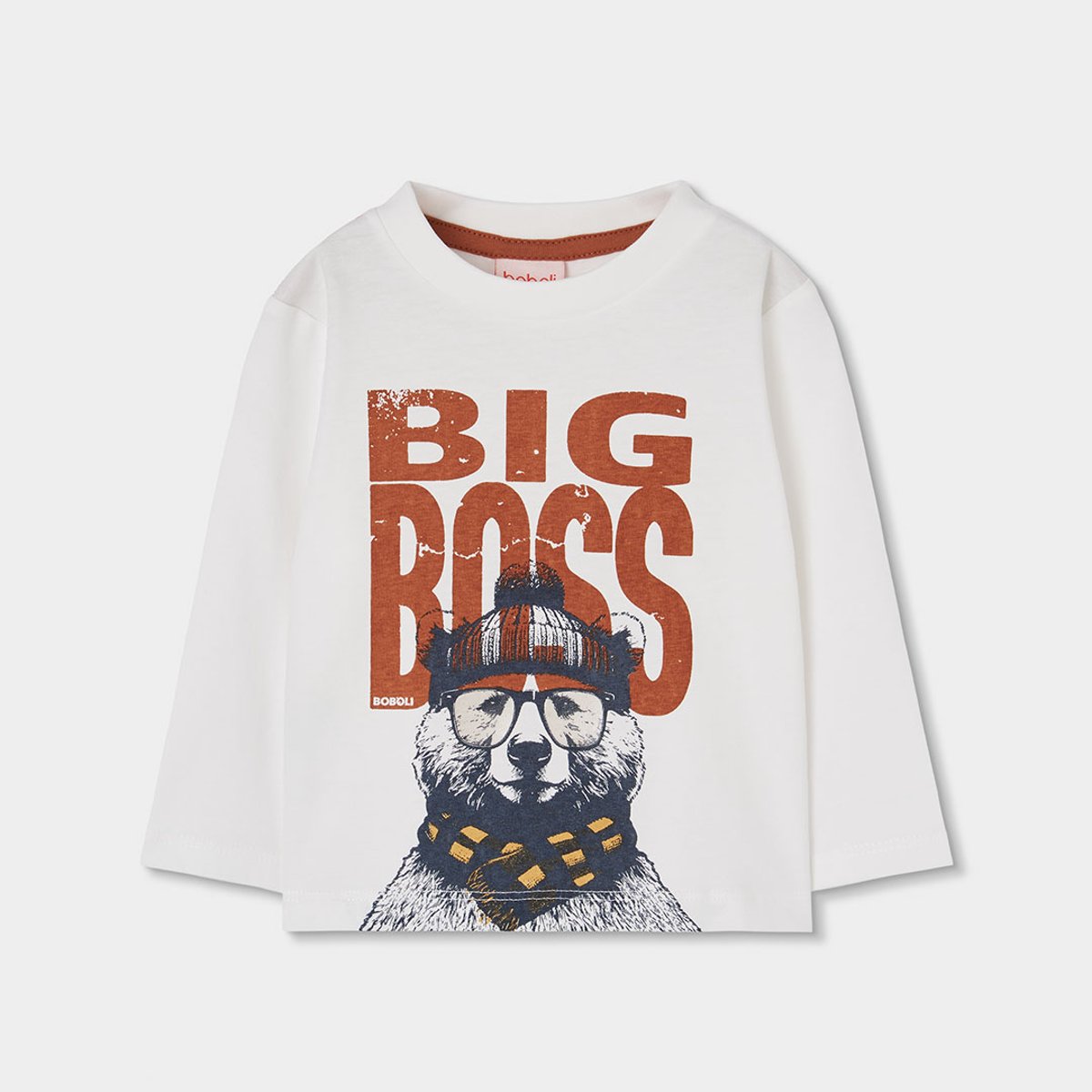 T-shirt garçon en maille imprimé ours blanc, BOBOLI