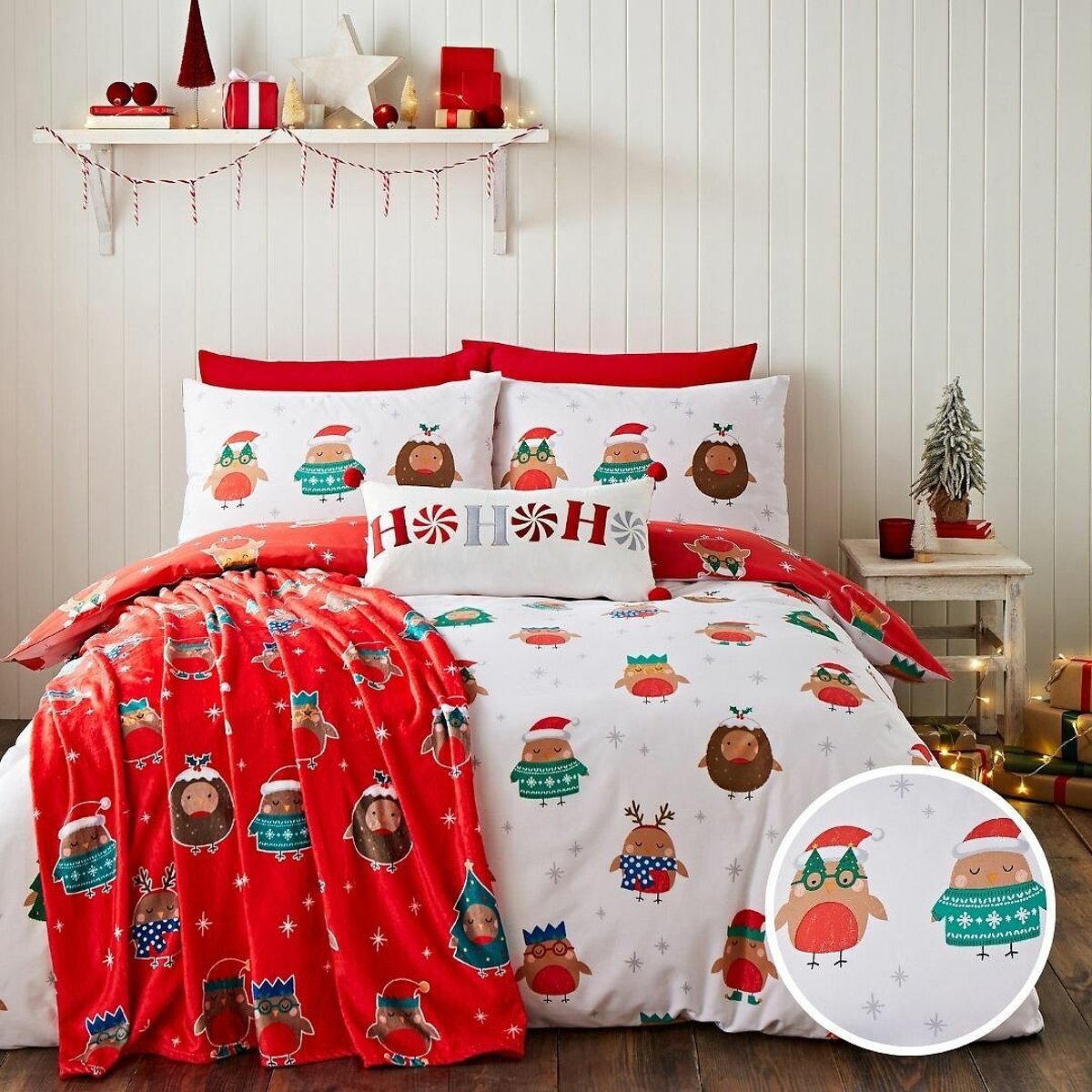 Christmas Party Robins Duvet Cover and Pillowcase Set white, CATHERINE LANSFIELD