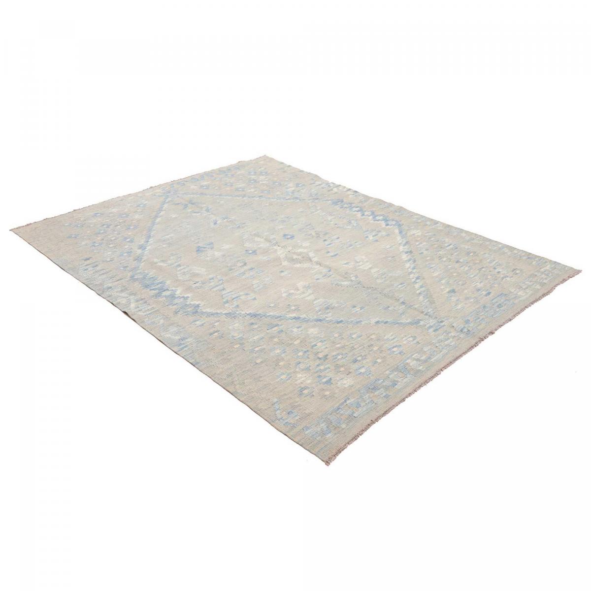 Tapis kilim géométrique, tissé plat en laine naturelle, KILIM 80 gris, beige, bleu, UN AMOUR DE TAPIS