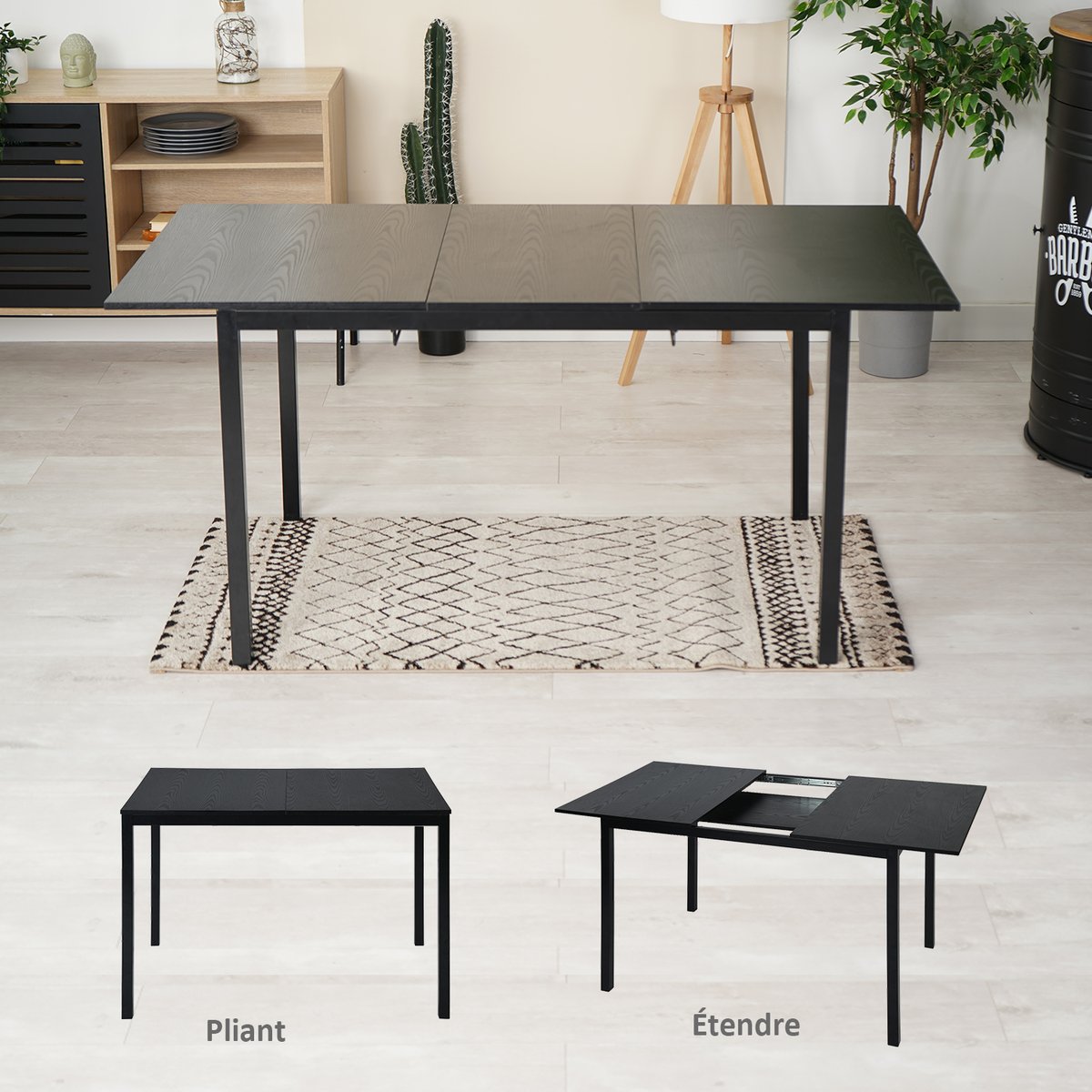 Ensemble de table à manger extensible à allonge avec 4 chaises, BARICHARLTON gris foncé, MEUBLES COSY