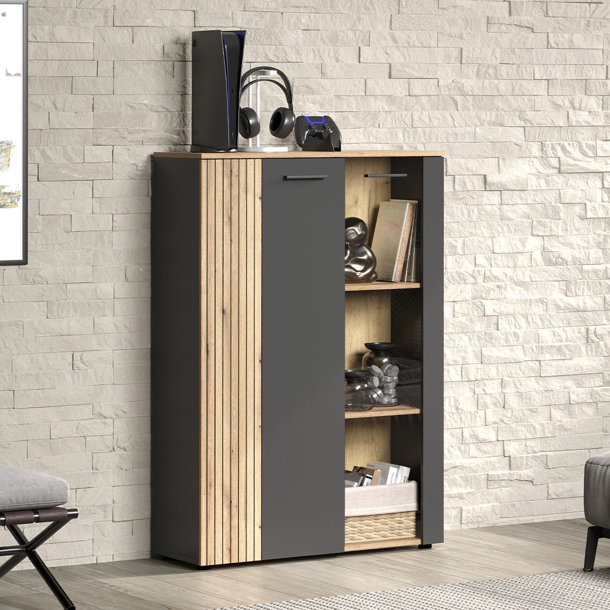 Rangement vitré 2 portes dont une avec verre trempé L90cm - Esteban gris anthracite, CALICOSY
