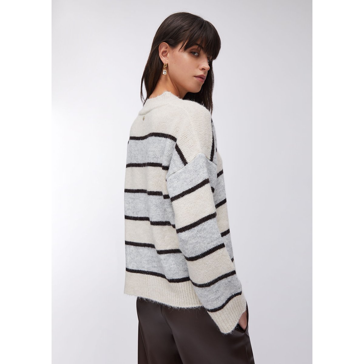 Pull à rayures en laine et alpaga gris et beige, LIU JO