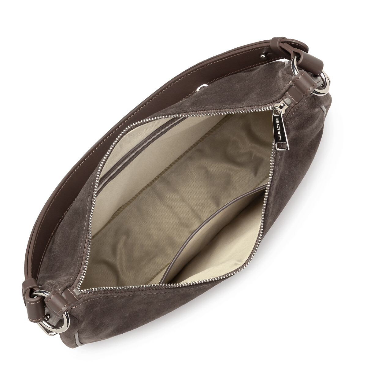 L suede zip-up shoulder bag brown, LANCASTER
