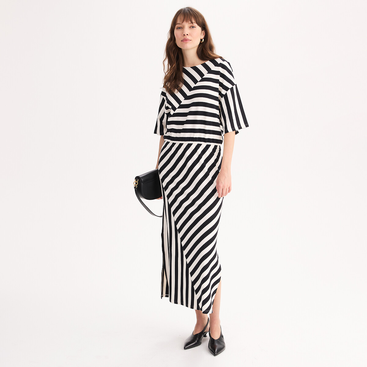 Robe droite à rayures, mi-longue, manches courtes rayé noir, ANNE WEYBURN