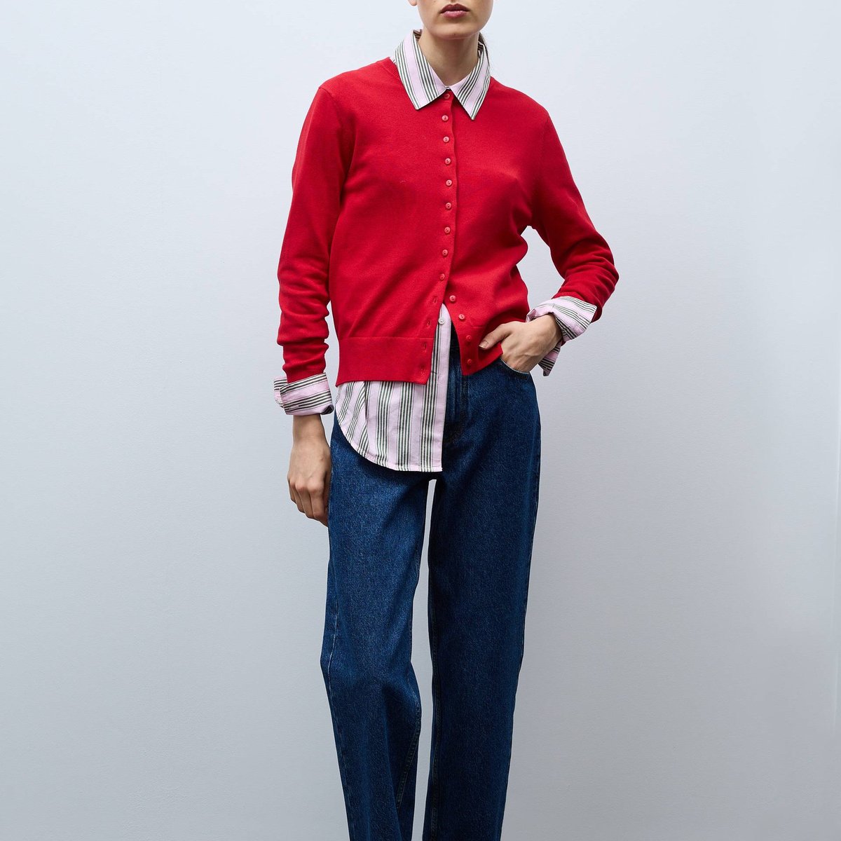 Cardigan en coton en fine maille goyave, MONOPRIX
