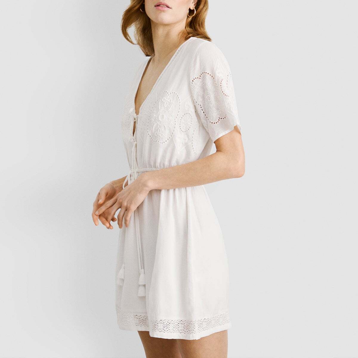 Robe Courte Avec Détails Brodés blanche mousse, PEPE JEANS