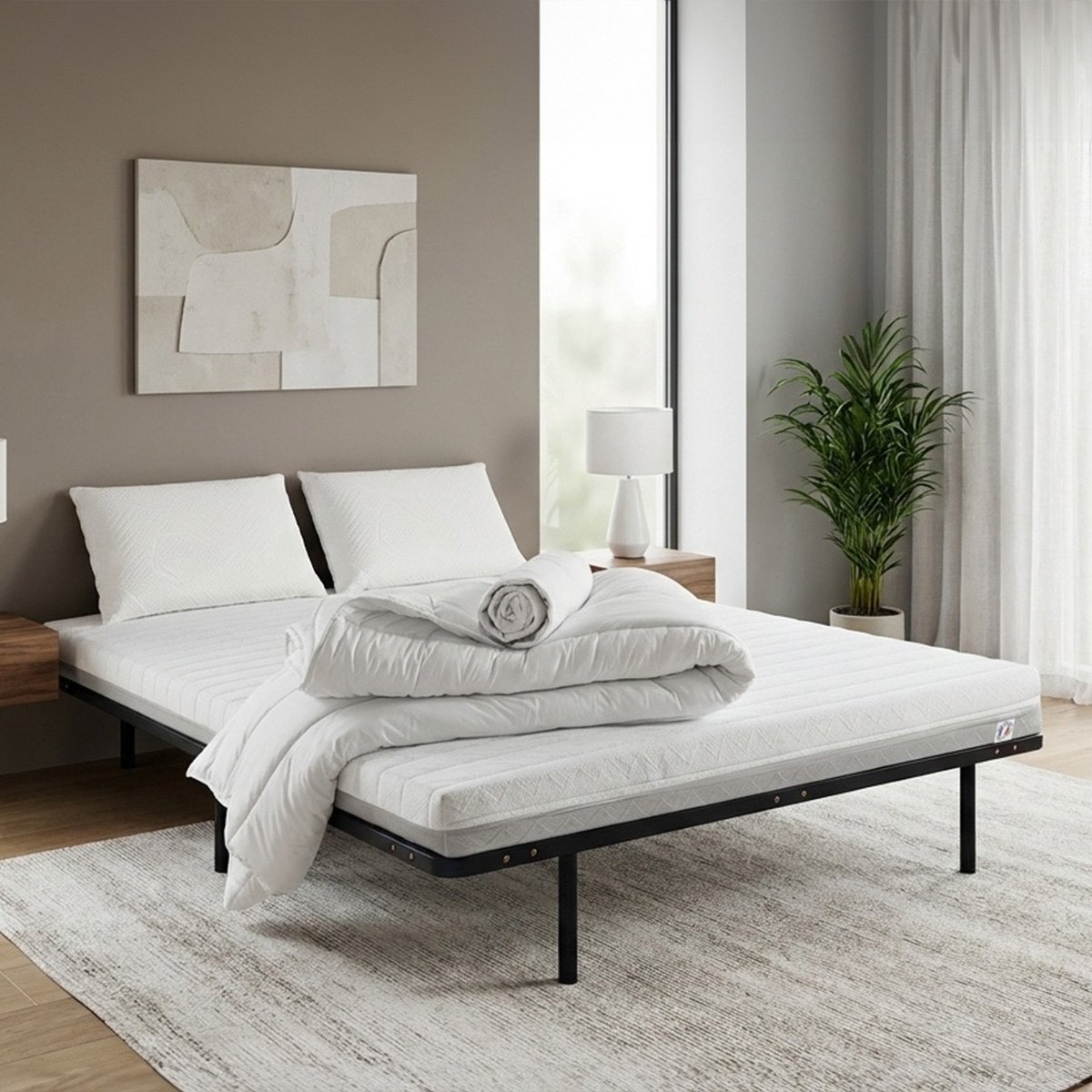 Prêt-à-dormir VENUS avec Cadre à lattes, Couette, Oreillers et Protège-matelas blanc, OLYMPE LITERIE