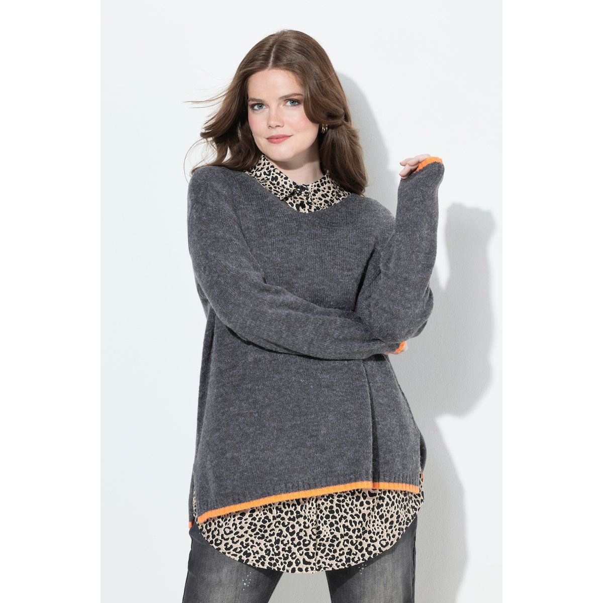 Pull manches longues et col en V gris graphite, ULLA POPKEN