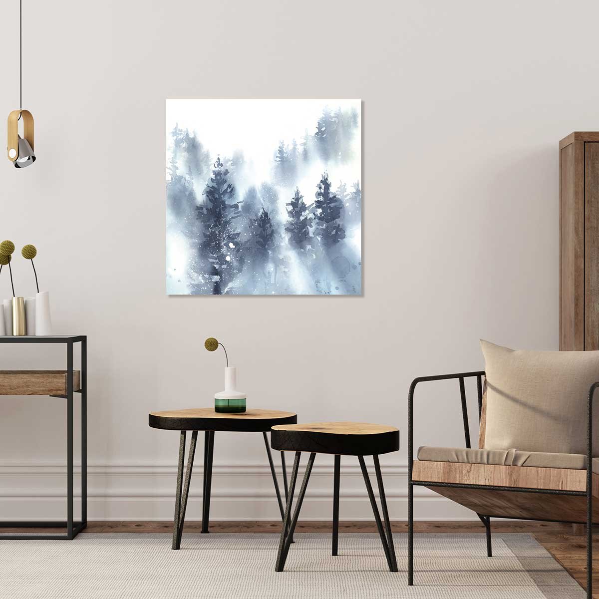 Tableau paysage abstrait Neige sur la forêt tableau alu dibond, HEXOA