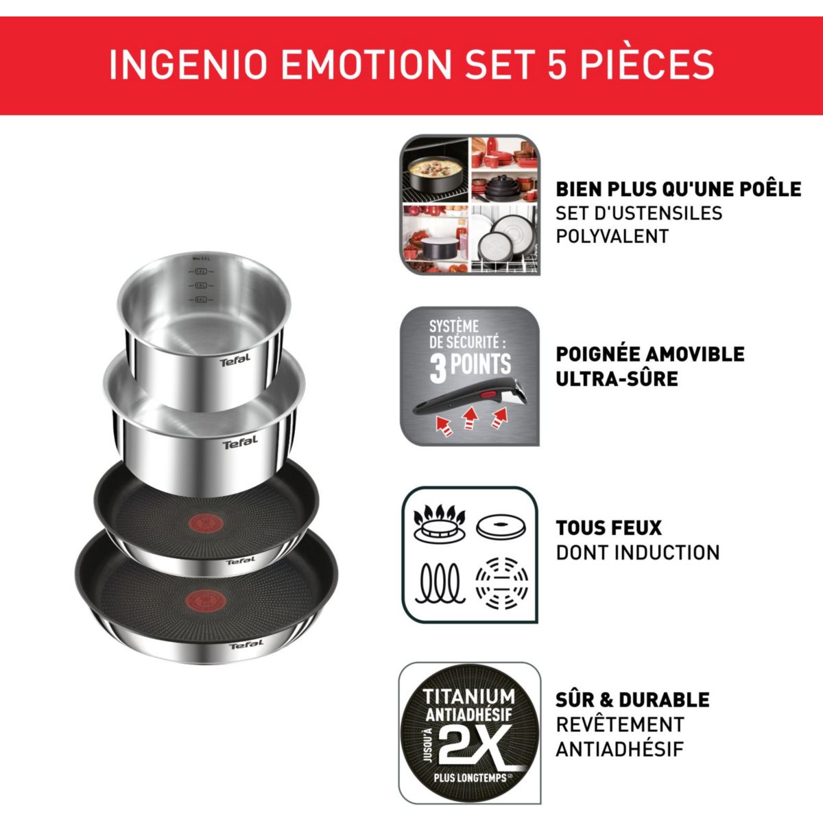 Batterie de cuisine Ingenio Emotion 5 pcs couleur unique, TEFAL