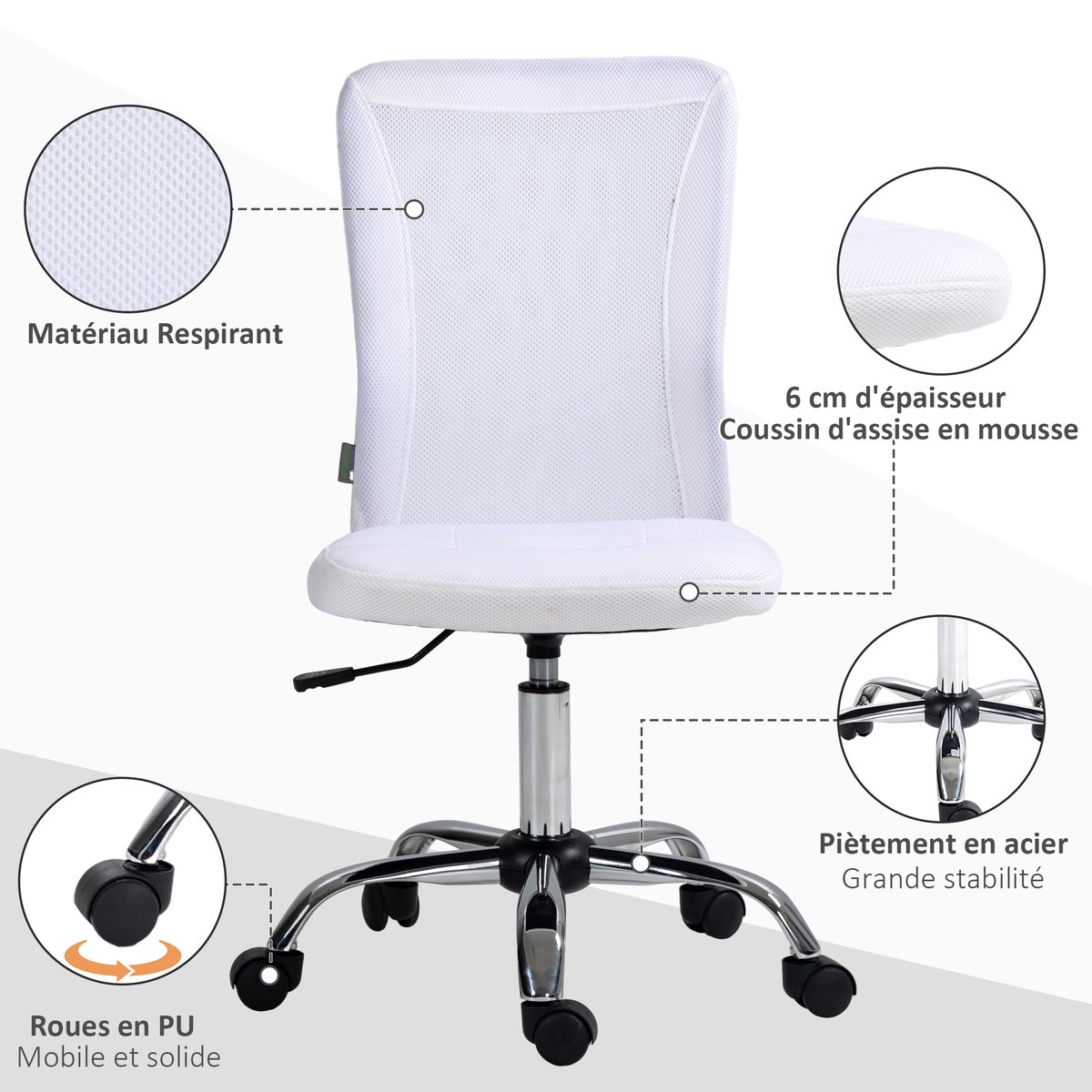 Chaise de bureau Polyester Blanc blanc, HOMCOM