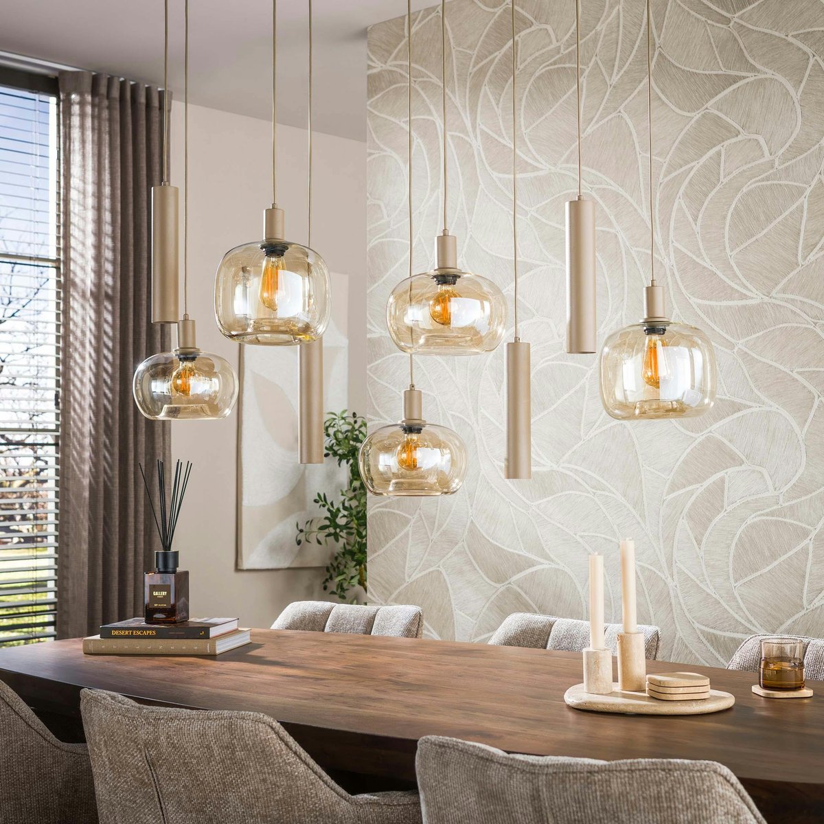 Suspension moderne 9 lampes verre ambré métal beige NIAGARA beige, PIER IMPORT