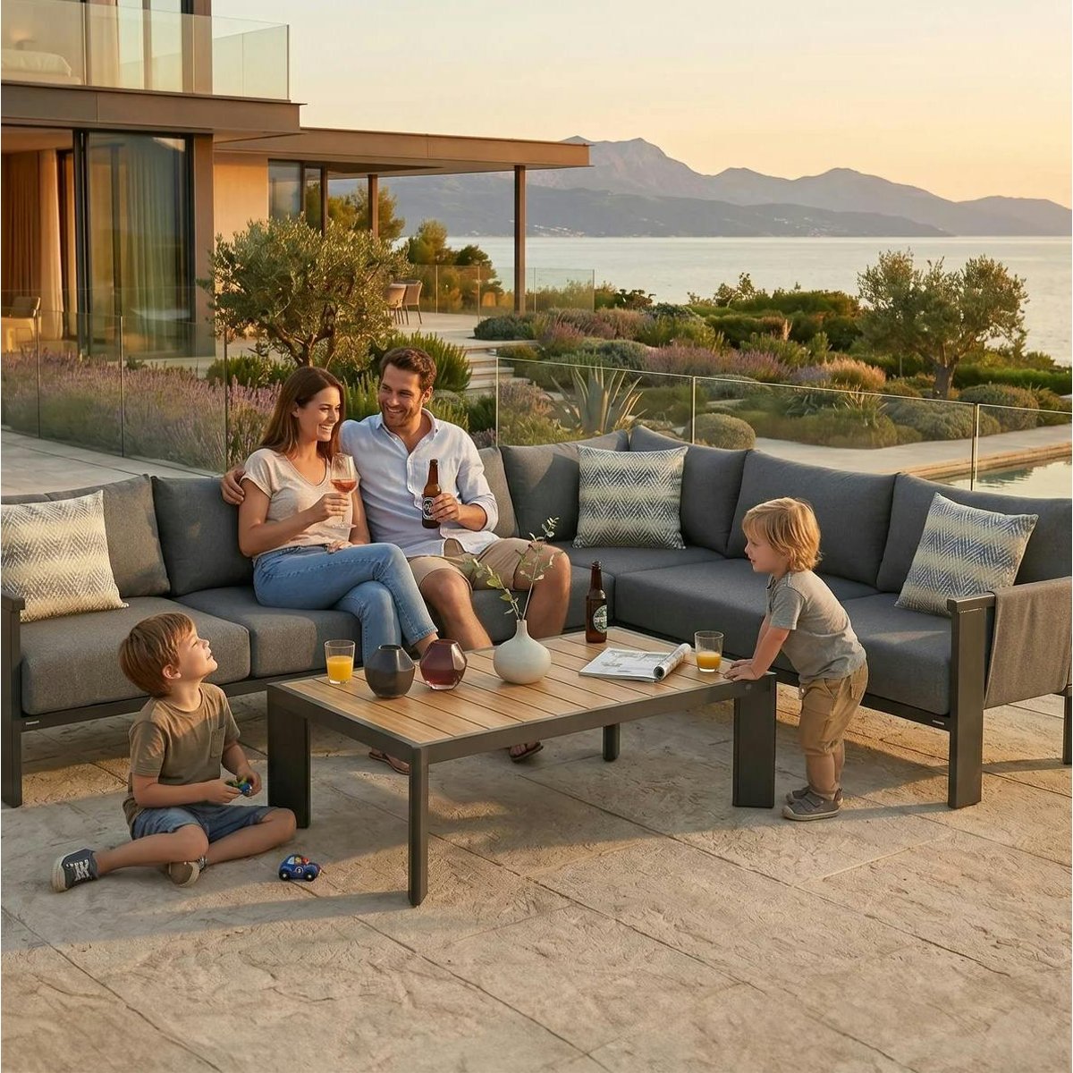 Salon de jardin canapé d'angle 5 places + table basse LIGO anthracite, PIER IMPORT