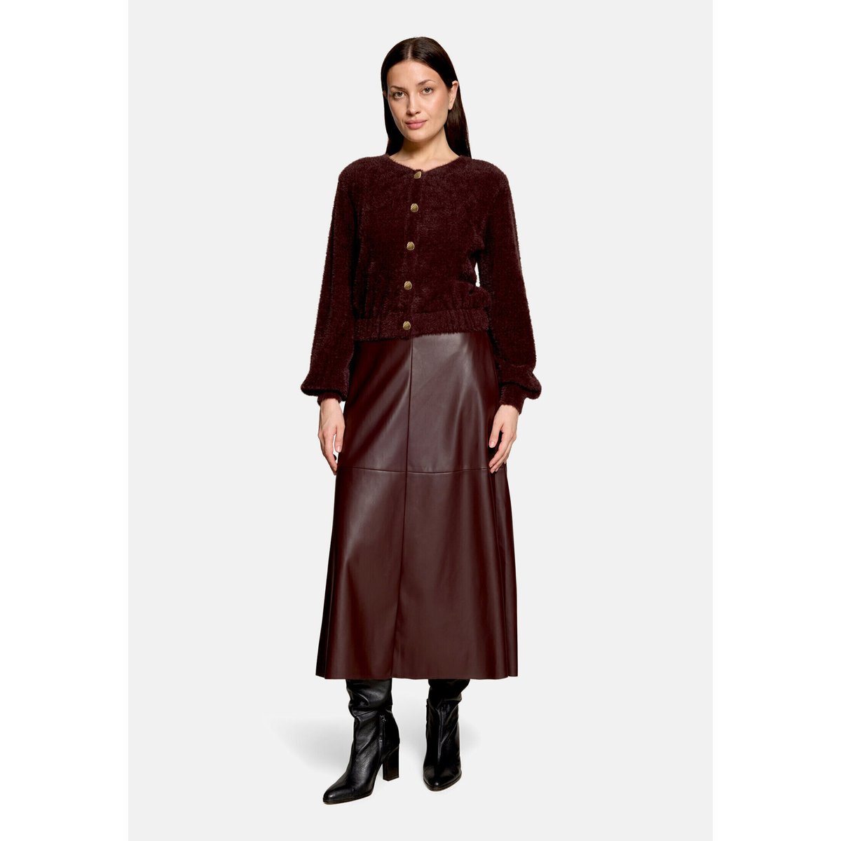 Jupe en cuir à poches espresso brown, VERA MONT