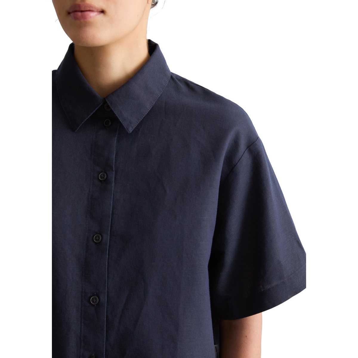 Blouse à manches courtes relaxed en mélange de lin et de coton bleu fooncé, MARC O’POLO DENIM