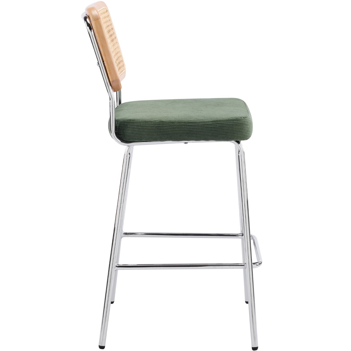 Lot de 2 chaises de bar en cannage et velours côtelé, piètement chromé - MUSE vert kaki, HOMIFAB