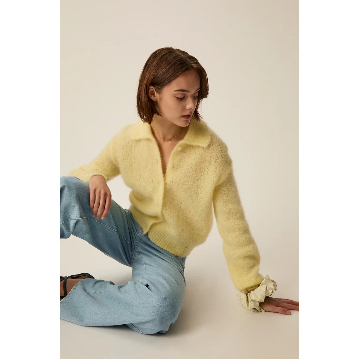 Cardigan con collo a polo e bottoni, ALPOLO giallo, DES PETITS HAUTS