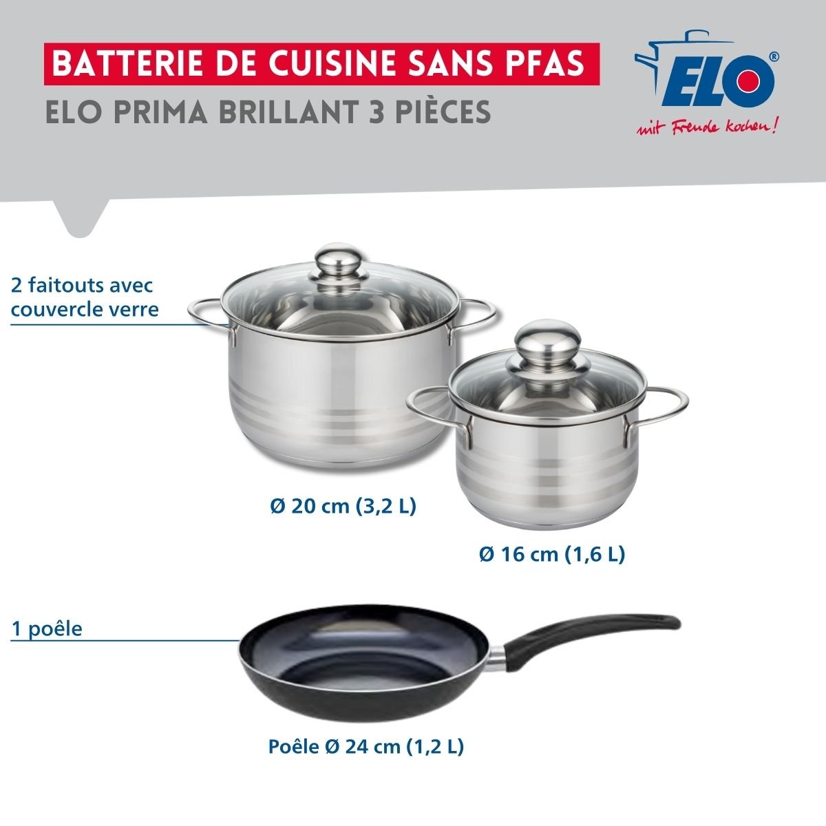 Batterie 1 poêle 24cm + 2 faitouts 16/20cm PRIMA BRILLANT noir, ELO