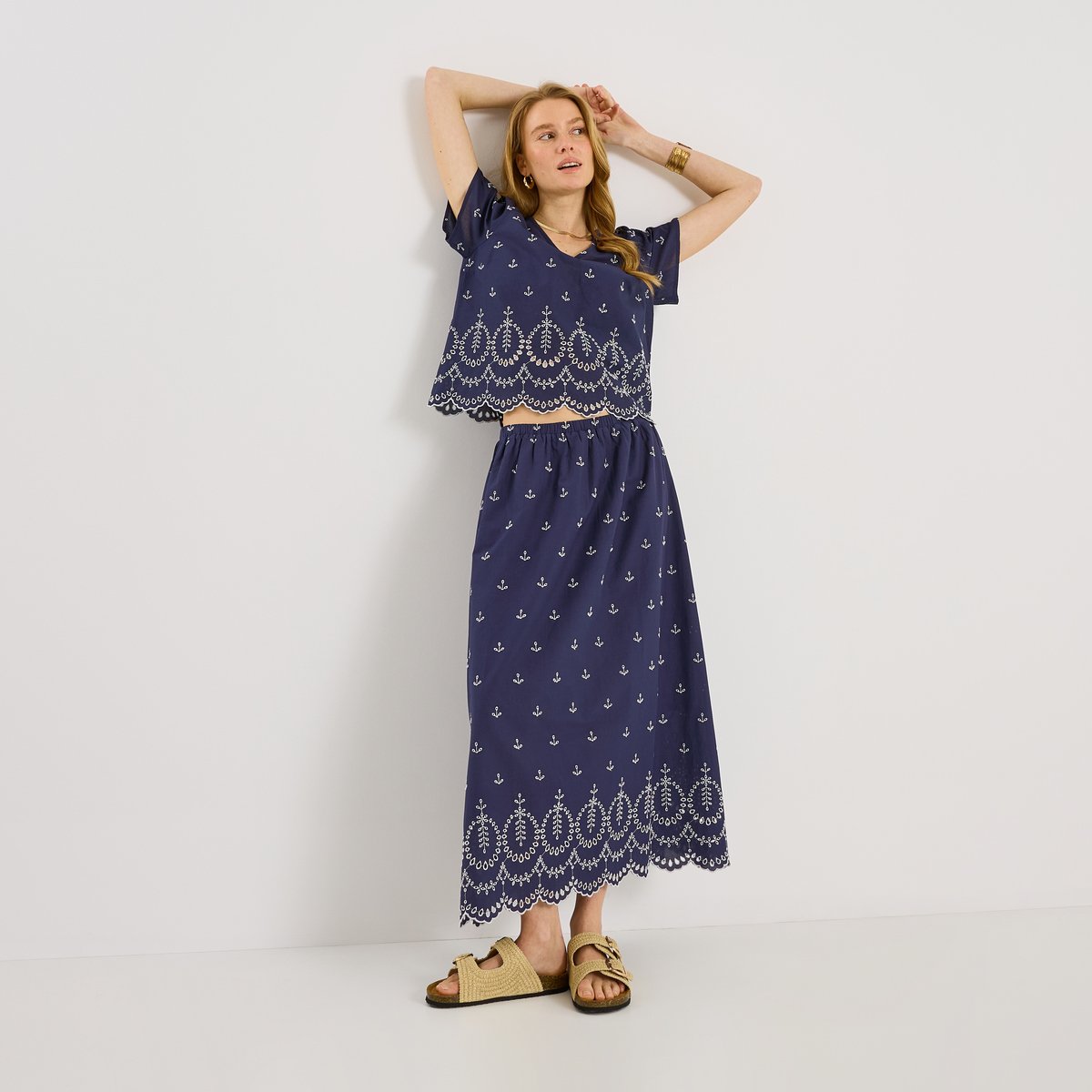 Jupe longue fluide broderie anglaise bleu marine, GRAIN DE MALICE