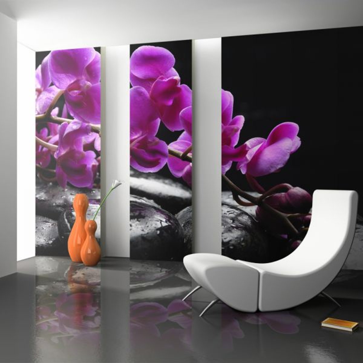 Papier peint intissé panoramique Fleurs Moment de détente : orchidée et pierres zen noir, EDEN