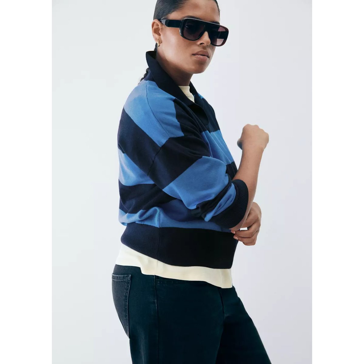 Pull-over rayures col polo bleu marine, MANGO