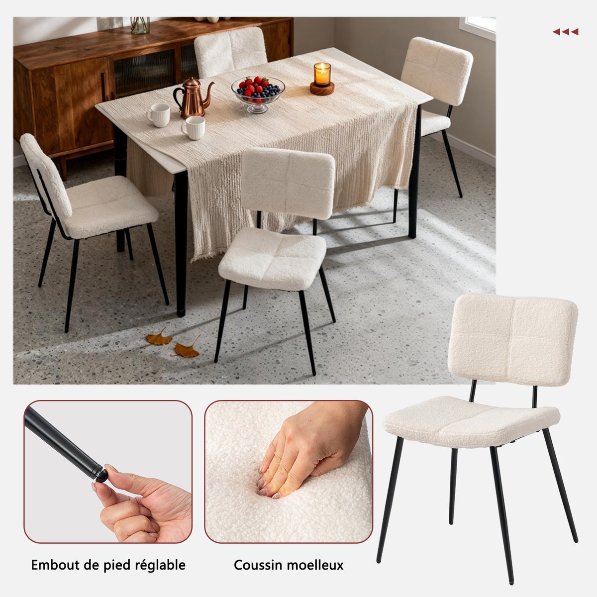 Lot de 4 chaises de salle à manger en bouclette, POMONA beige, MEUBLES COSY