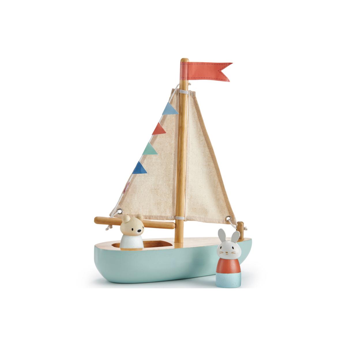 Bateau en bois bleu, beige, rouge, TENDER LEAF TOYS