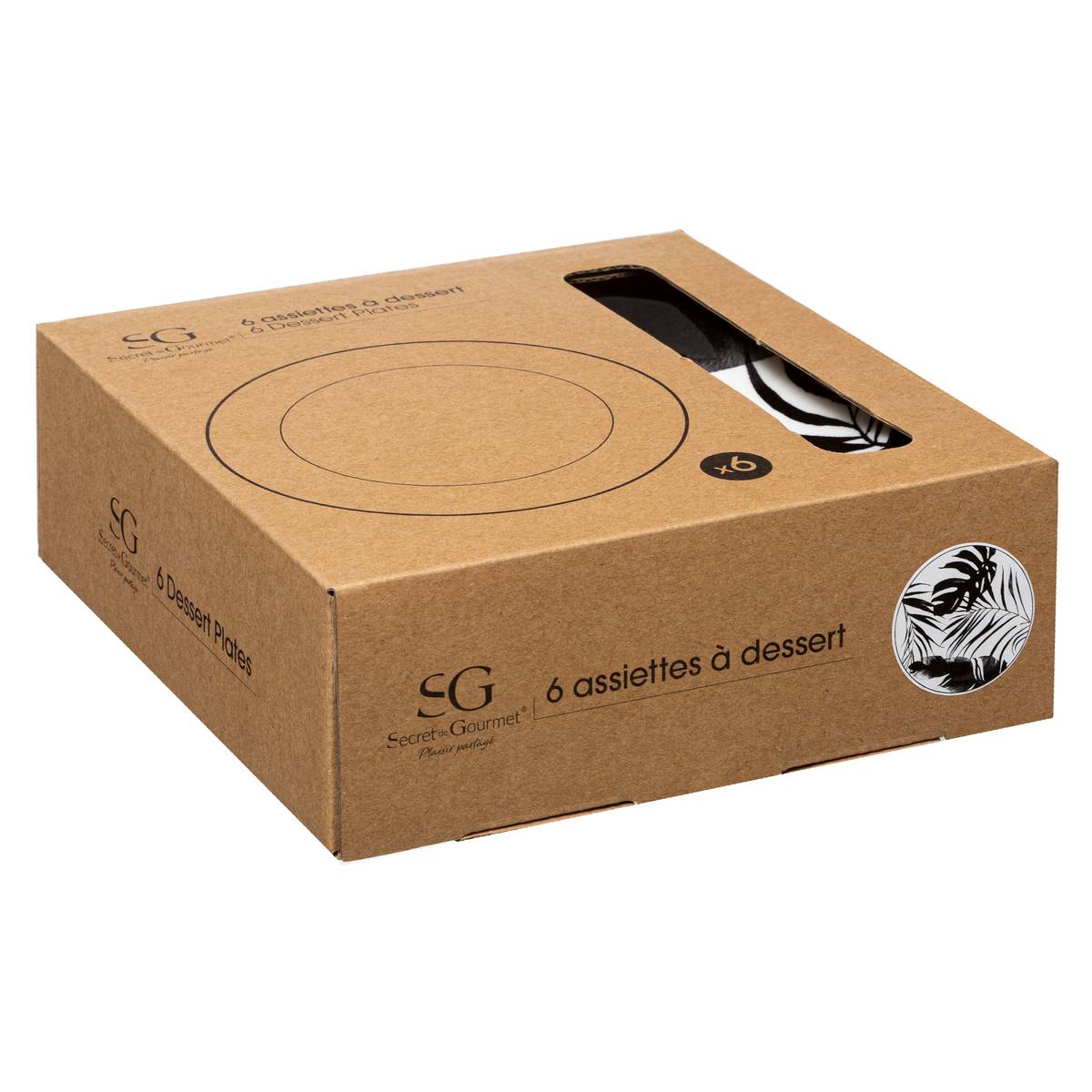 Lot de 6 assiettes en porcelaine PALME noir, SECRET DE GOURMET