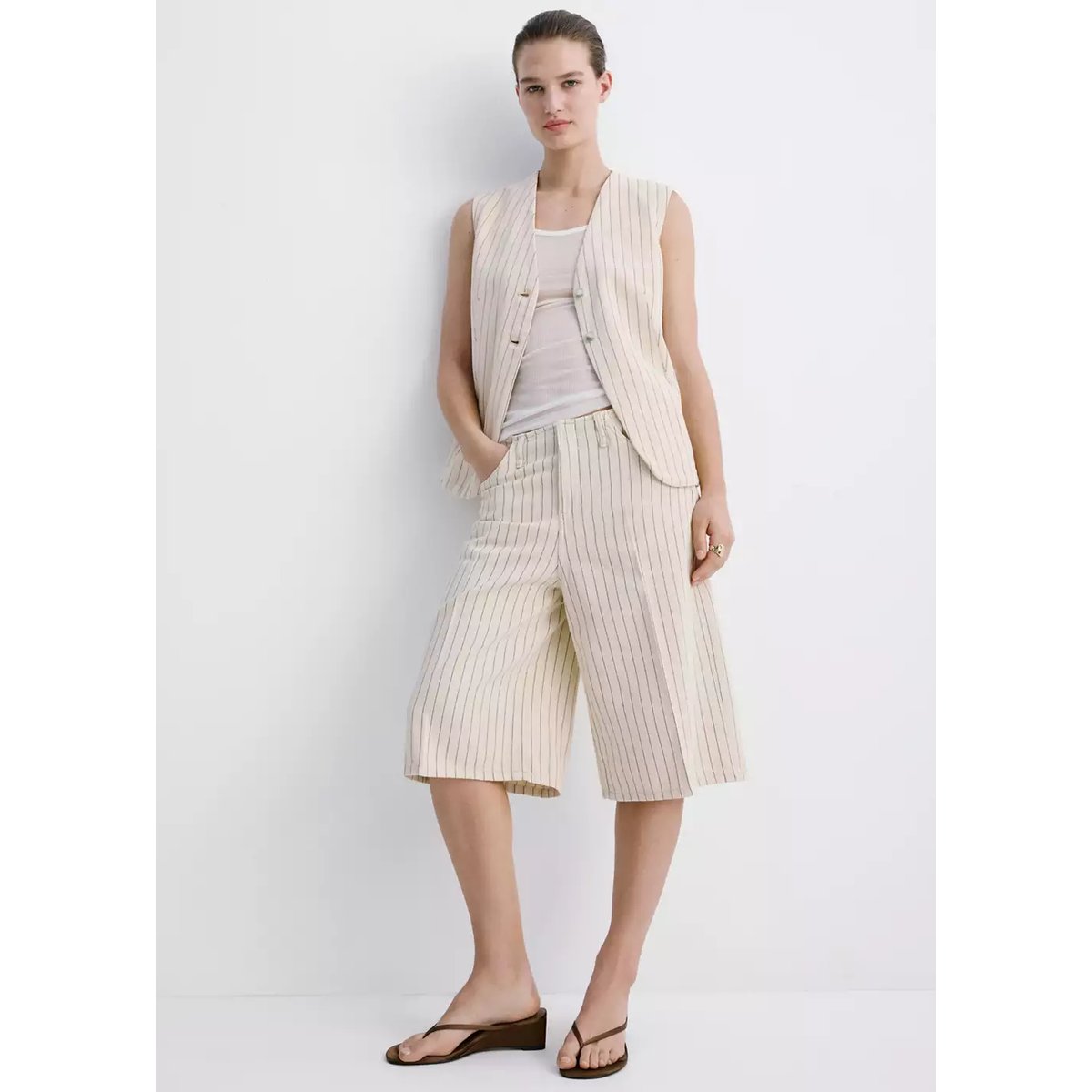 Bermudas jorts à rayures taille mi-haute vanille, MANGO