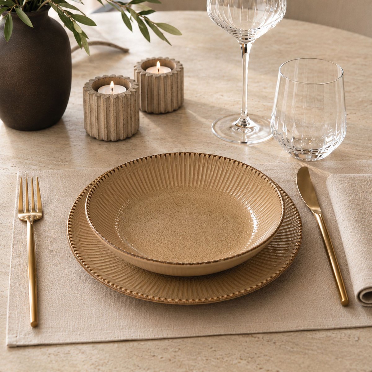 Lot de 6 assiettes creuses 22cm en porcelaine, LUNEA marron, OGO LIVING